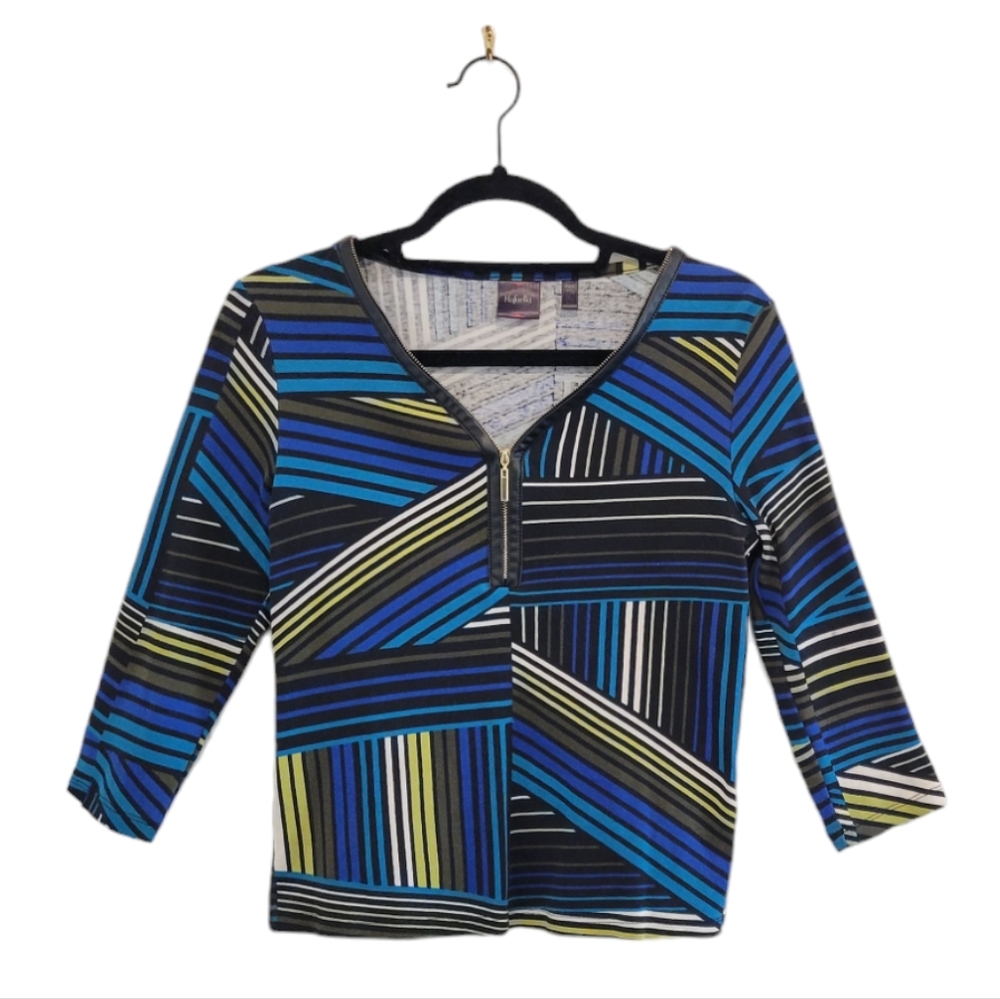 2/$18 Rafealla Petite Geometric Blue Scoop V Neck 3/4 Sleeves Top Shirt XS